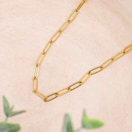 Gold paperclip minimalist chain necklace made of gold-plated stainless steel.