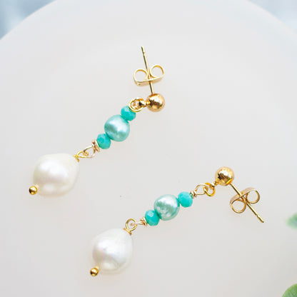 White and Turquoise Pearl Dangle Earrings with freshwater pearls and gold-plated stainless steel posts. Waterproof and hypoallergenic.