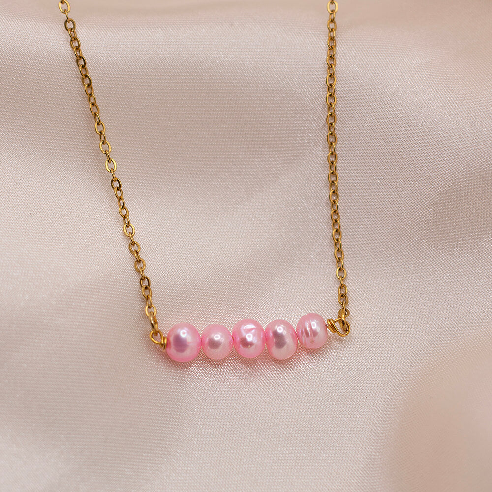 Pink freshwater pearl bar necklace with gold chain