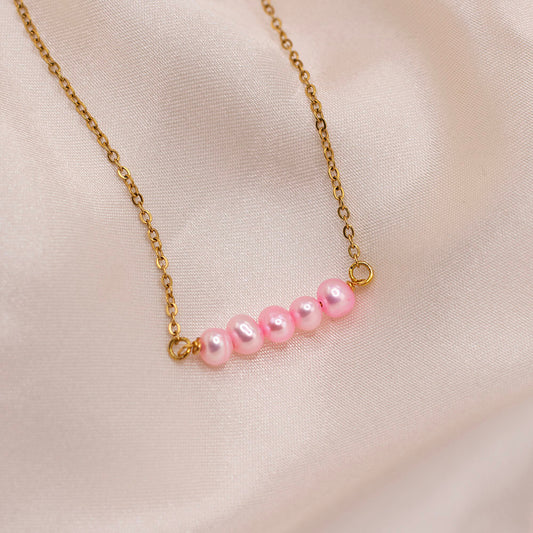 Pink freshwater pearl bar necklace with gold chain, waterproof, hypoallergenic, non tarnish